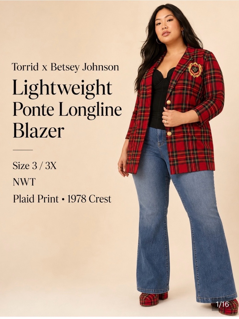 torrid Red Plaid Ponte Longline Blazer with Crest